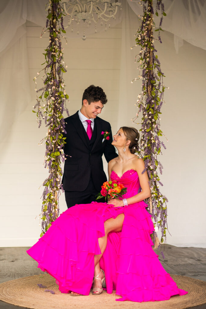 Prom pictures in a white cottage with swing